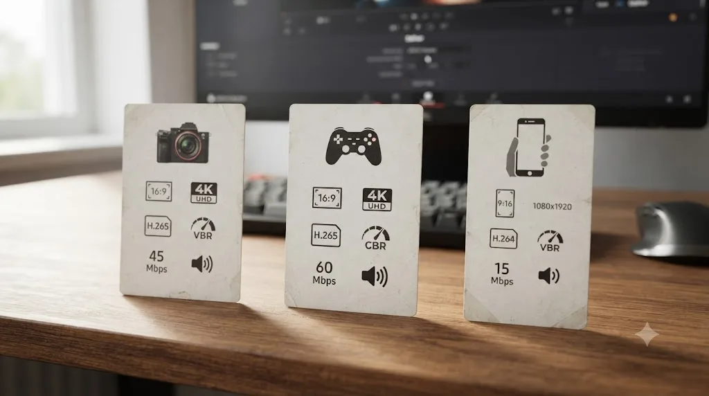 Illustration of three export recipes for a vlog, a gameplay video and a vertical Short