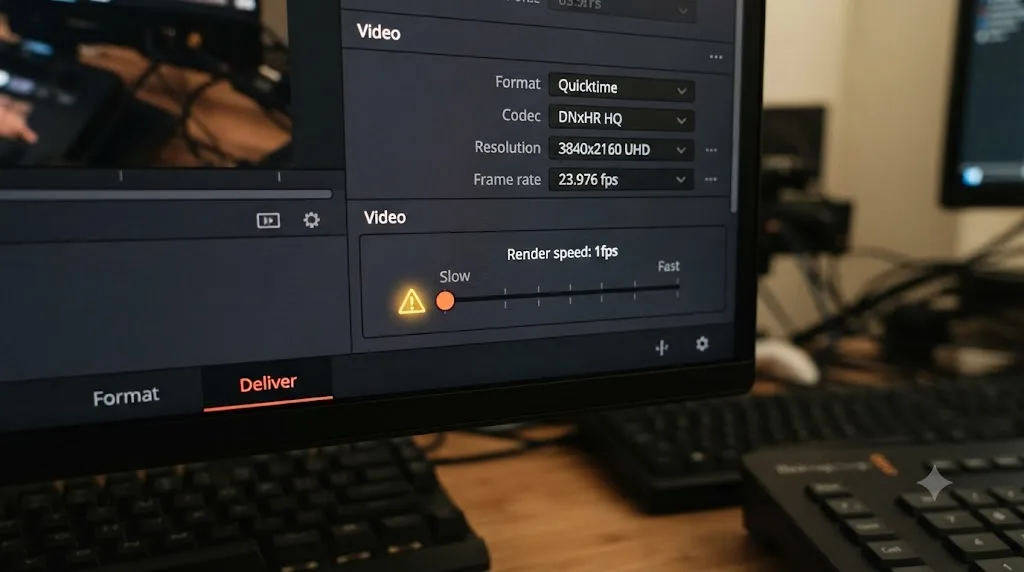 Illustration of a Mac, a Windows PC and a Linux workstation exporting the same DaVinci Resolve timeline at different speeds