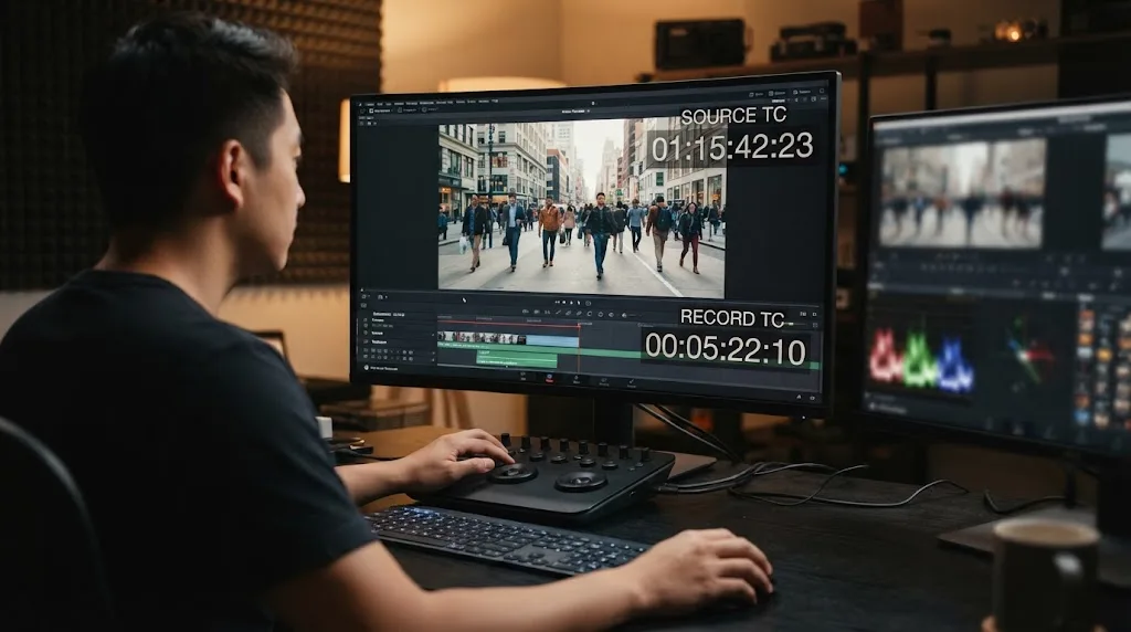 Illustration of source and record timecode burn-ins for a review export