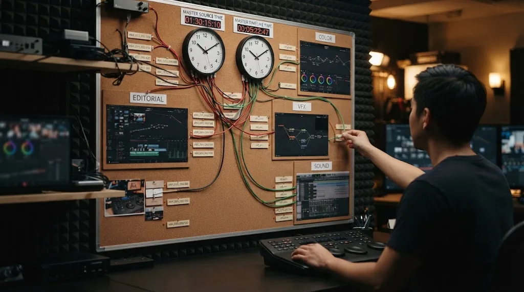 Illustration of source and timeline timecode across post-production departments