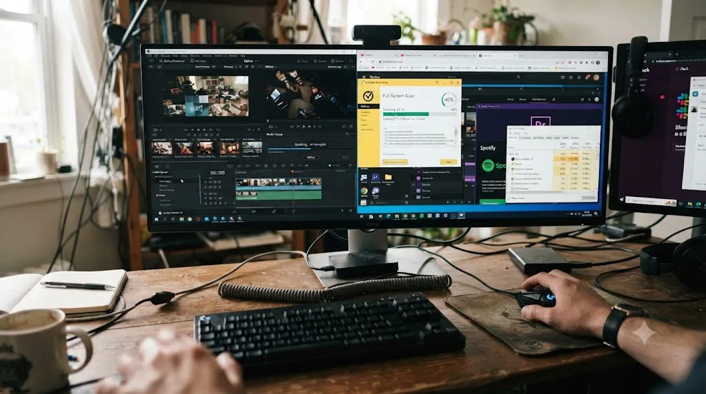 Illustration of several background applications and an antivirus scan competing with a DaVinci Resolve export in progress