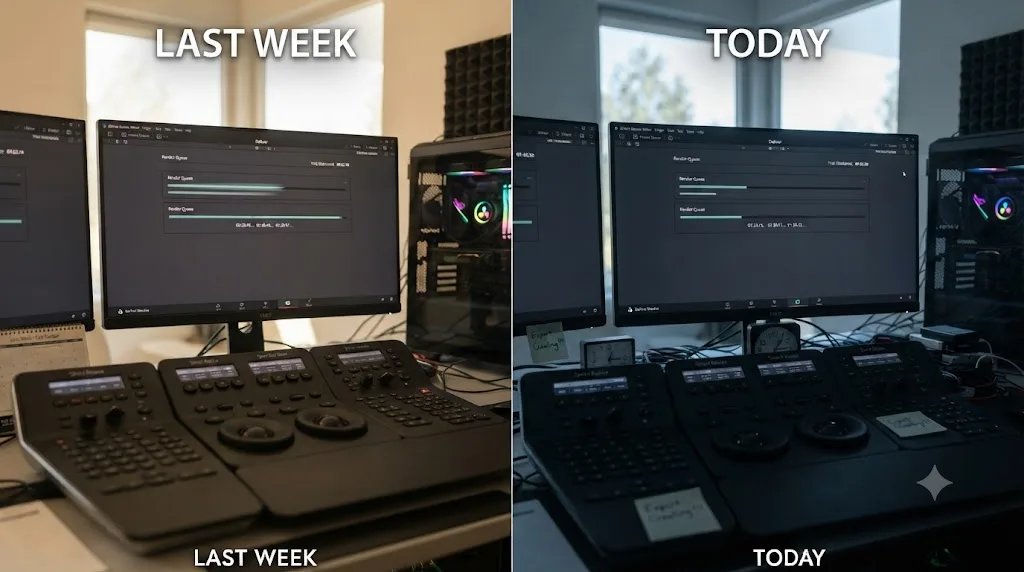 Illustration comparing a fast DaVinci Resolve export from a previous session with a crawling export on the same machine today
