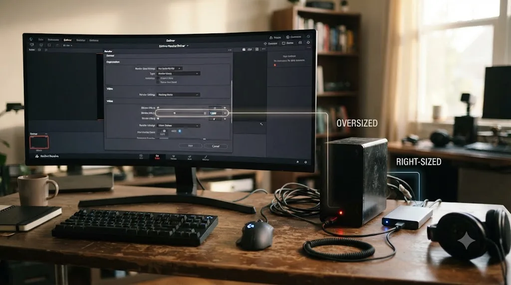Illustration of a DaVinci Resolve bitrate setting next to a comparison of an oversized export file and a right-sized delivery file