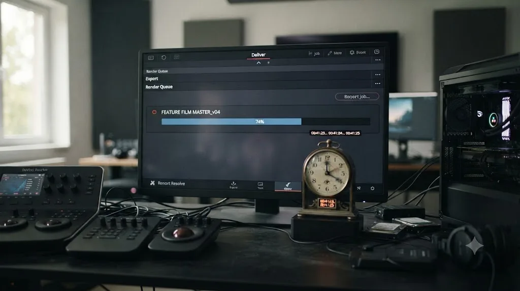 Illustration of a DaVinci Resolve Deliver page with a stalled progress bar and a clock ticking beside it
