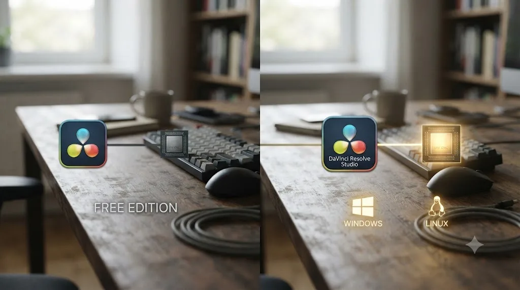 Illustration comparing DaVinci Resolve free and Studio editions with a hardware encoder chip active only for Studio on Windows and Linux