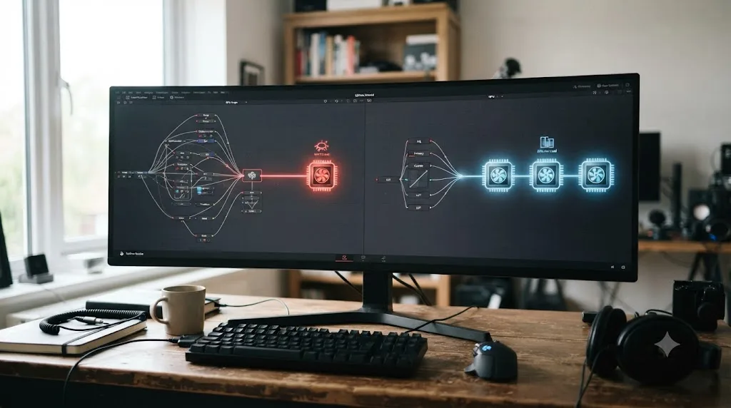 Illustration contrasting a Fusion composition straining a single GPU with a color grade scaling across multiple GPUs in DaVinci Resolve