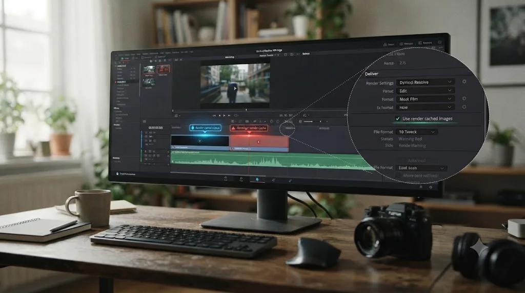Illustration of a DaVinci Resolve timeline with cached and uncached clips, and the Deliver page checkbox that reuses the cache during export