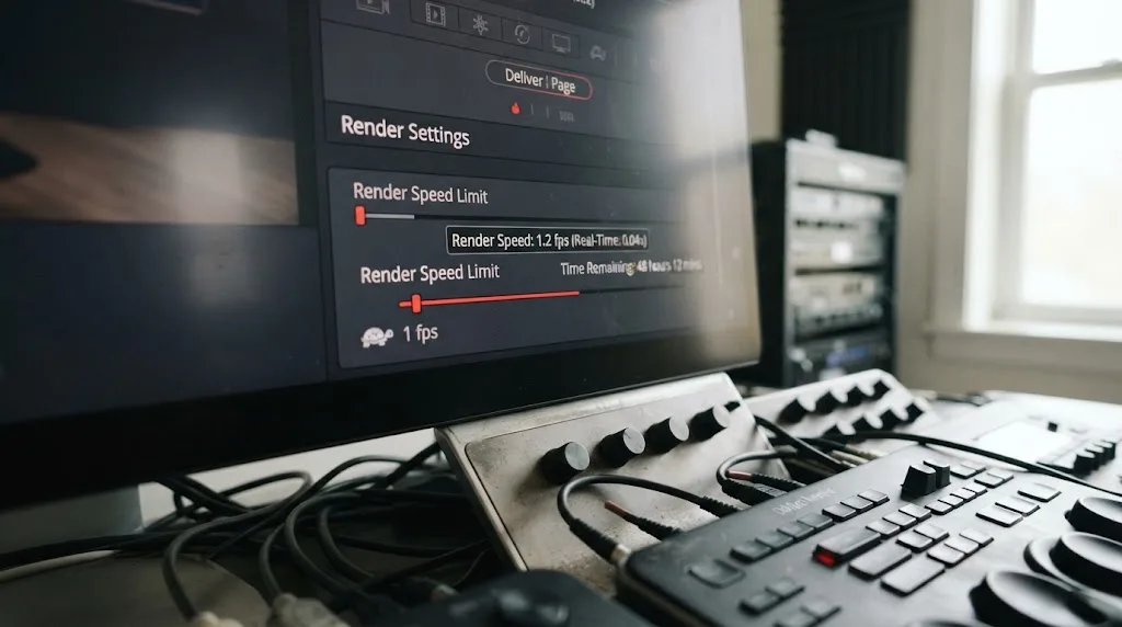 Illustration of the DaVinci Resolve render speed slider set to its slowest position by accident