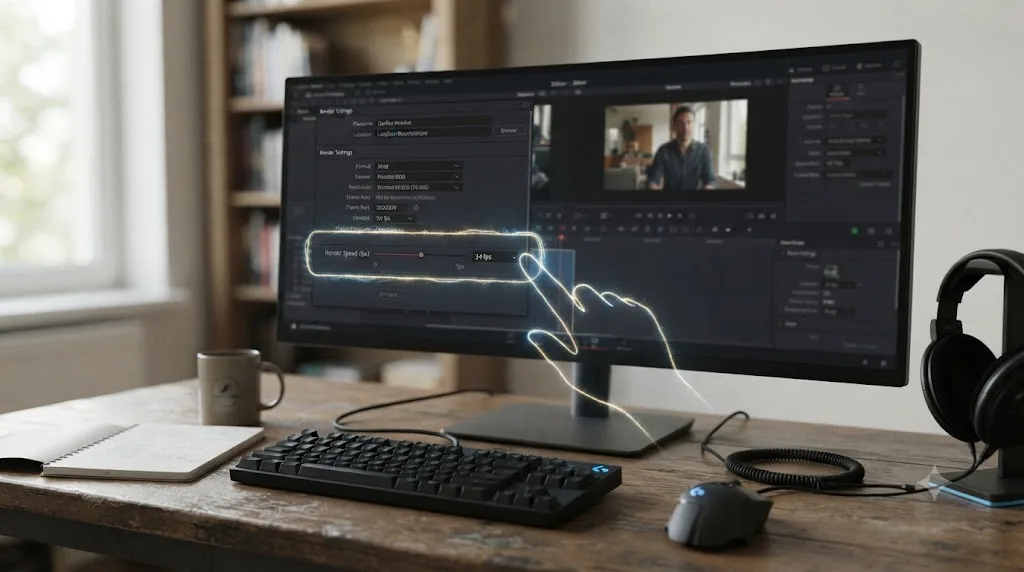 Illustration of an on-screen assistant drawing a glowing outline around a render speed control on the DaVinci Resolve Deliver page