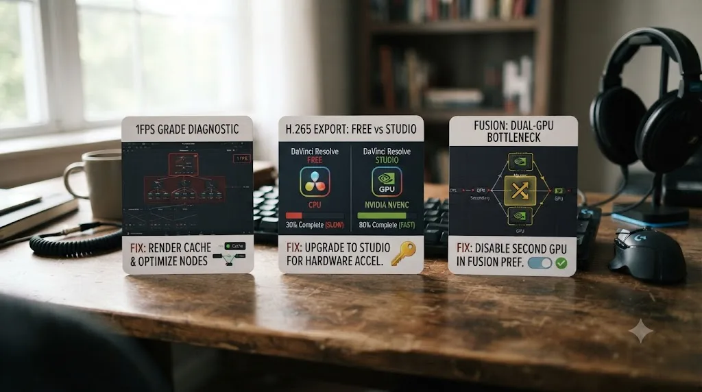 Illustration of three worked diagnostic examples for slow DaVinci Resolve exports, each showing its identified fix