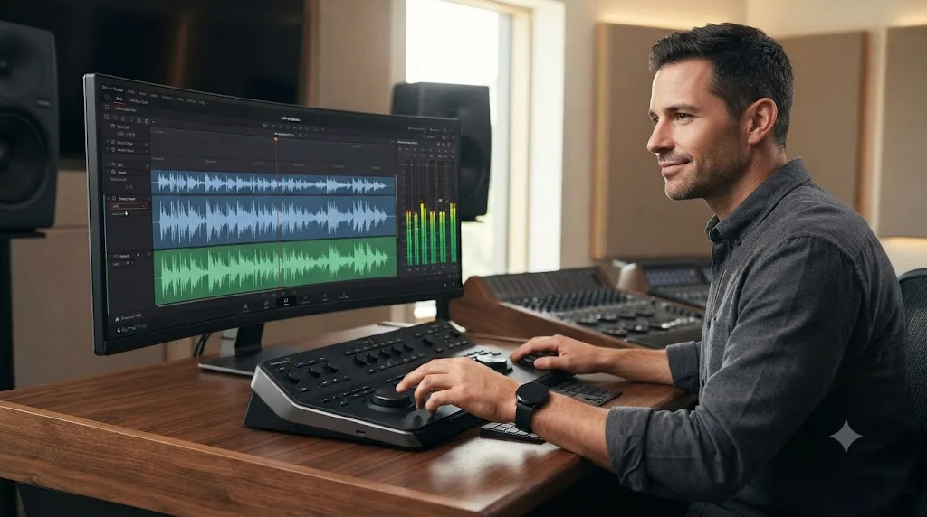 Illustration of an editor confidently scrubbing a DaVinci Resolve Fairlight timeline with a clean waveform and an active audio meter