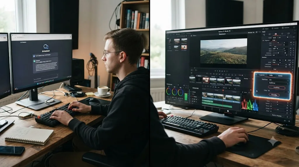 Illustration of a hand holding the Option or Alt key while slowly dragging a playhead across a zoomed-in DaVinci Resolve waveform
