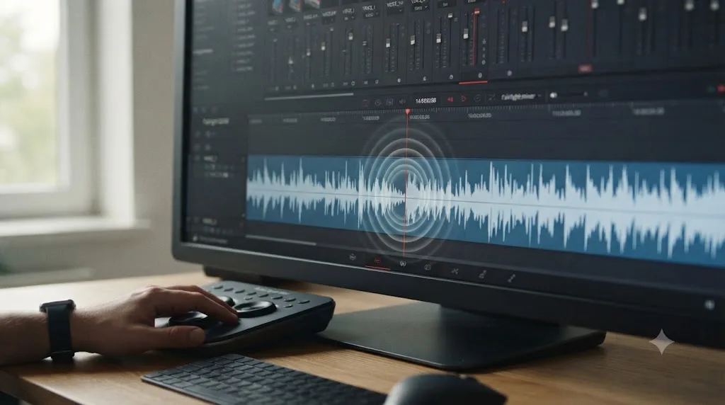 Illustration of a sound waveform on a DaVinci Resolve Fairlight timeline with a playhead scrubbing across it and sound waves radiating outward
