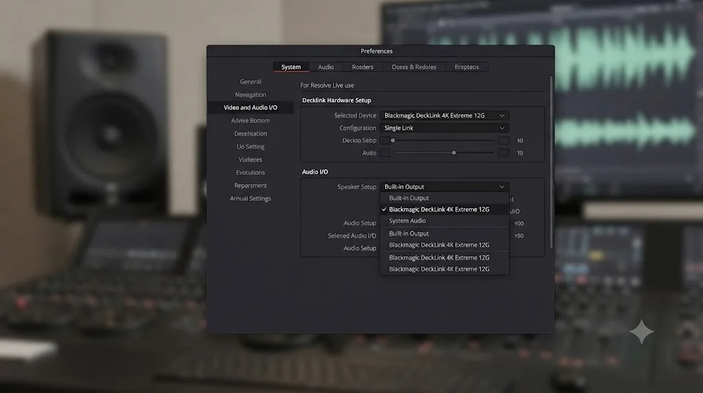 Illustration of the DaVinci Resolve Preferences panel showing audio output device options including a Decklink card and system audio