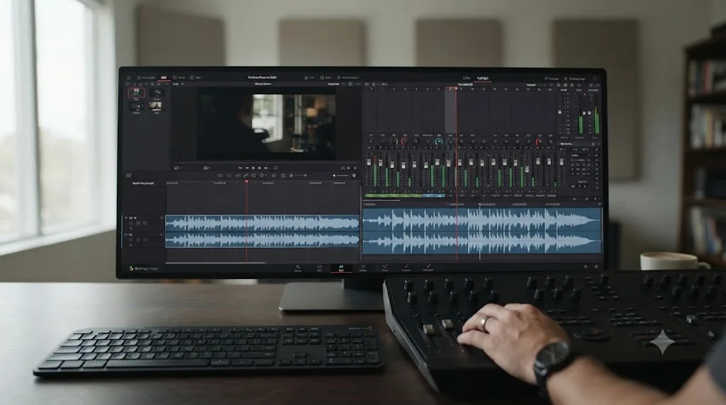 Illustration comparing the DaVinci Resolve Edit page and Fairlight page, both showing a waveform with a playhead icon