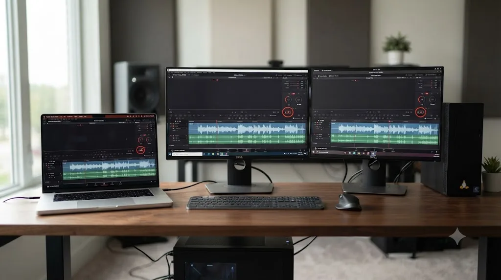 Illustration comparing DaVinci Resolve's Fairlight scrubbing controls across Mac, Windows, and Linux systems