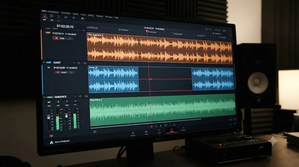 Illustration of a DaVinci Resolve Fairlight timeline with three podcast tracks and a playhead paused over a flat section of one waveform