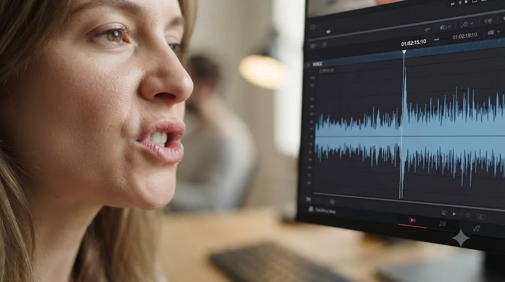 Illustration of a person's mouth forming a hard B or P consonant next to a matching spike on a DaVinci Resolve audio waveform