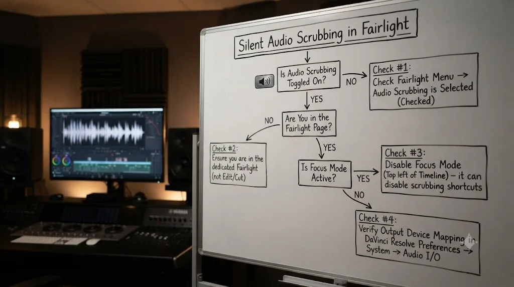 Illustration of a troubleshooting flowchart branching from a silent DaVinci Resolve scrubbing symptom into its possible causes