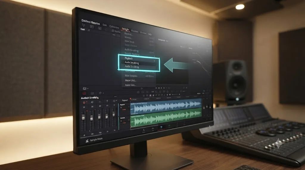 Illustration of an assistant overlay drawing a highlighted box around the Audio Scrubbing menu item in DaVinci Resolve's Fairlight page