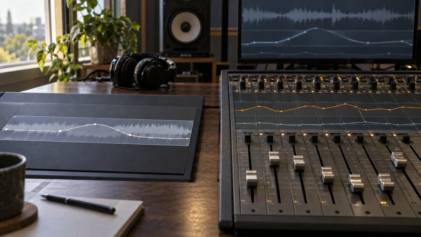 Illustration of clip volume keyframes compared with Fairlight track automation