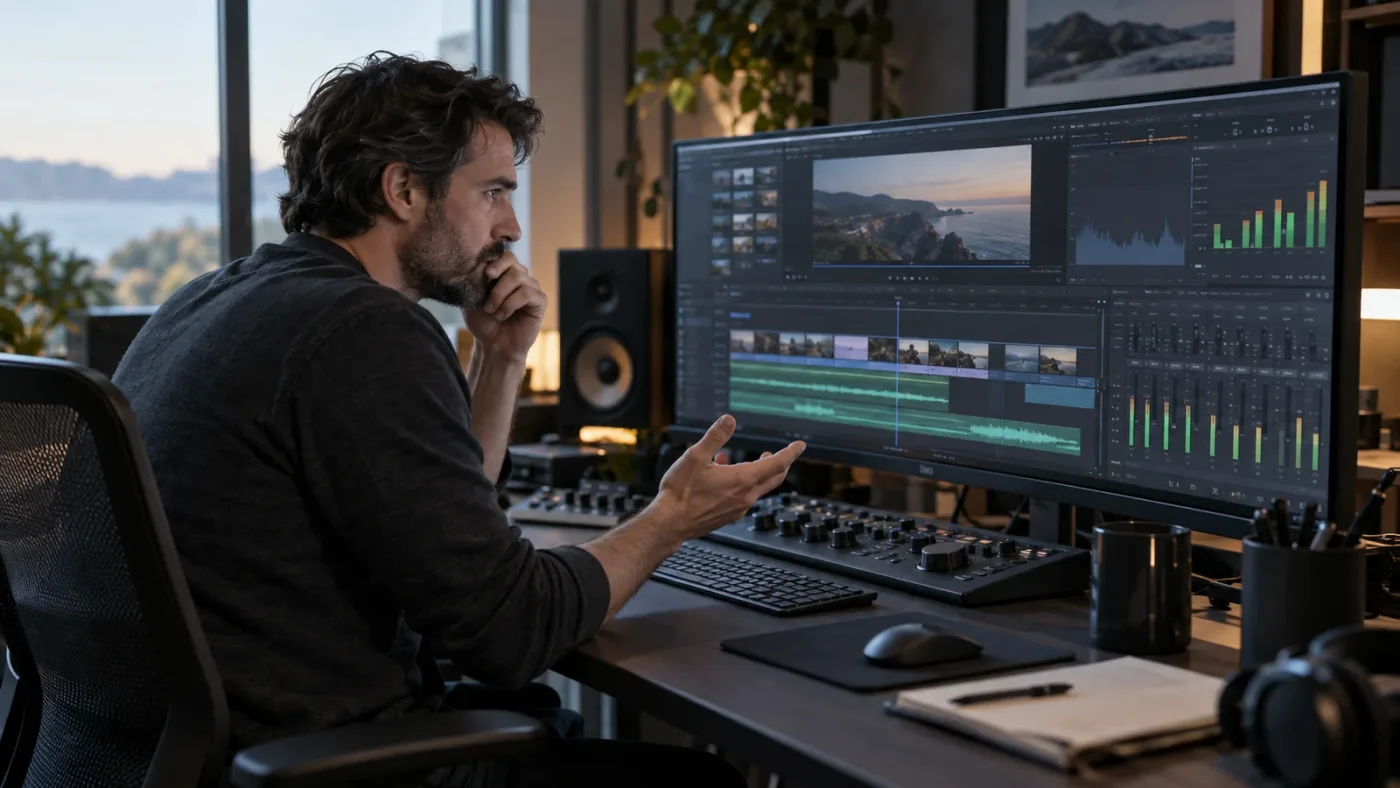 Illustration of an editor asking for live Fairlight automation help