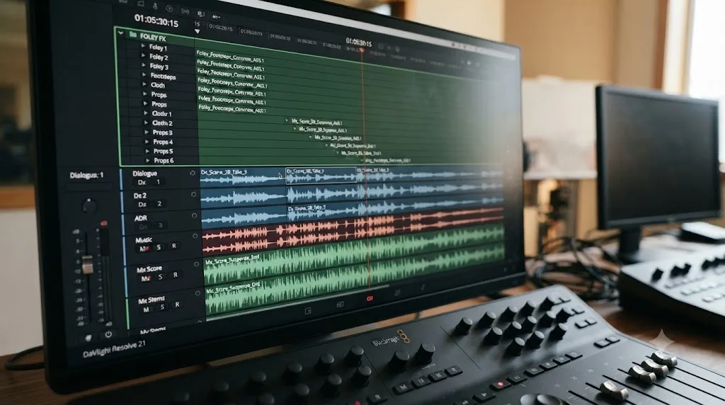 Illustration of a DaVinci Resolve 21 Fairlight timeline with foley tracks collapsed into a folder track above dialogue and music tracks