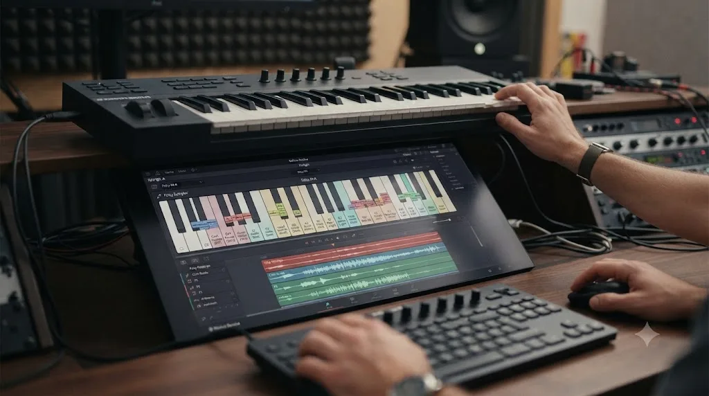 Illustration of the DaVinci Resolve Fairlight Foley Sampler interface with sound effects mapped to piano keys and a connected MIDI keyboard