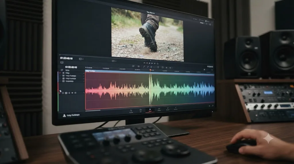 Illustration of a zoomed DaVinci Resolve Fairlight waveform attack spike aligned to a video frame of a foot making contact with the ground