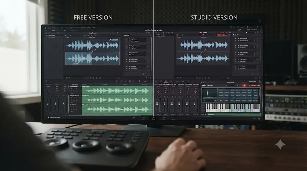 Illustration comparing DaVinci Resolve's free and Studio versions with the Foley Sampler marked as the only Studio-exclusive foley tool