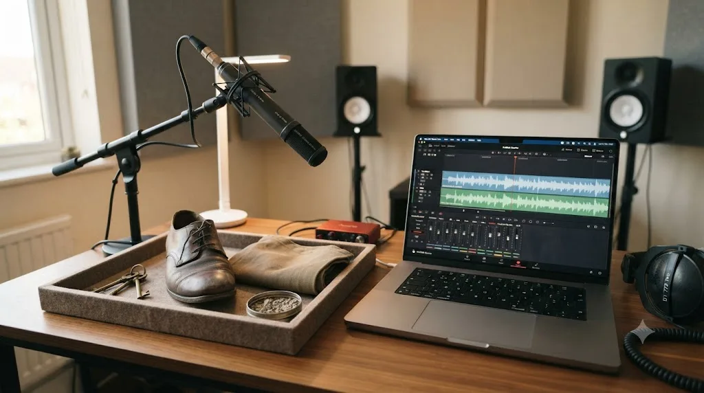 Illustration of a home foley recording setup with a directional microphone, a tray of props, and a laptop running DaVinci Resolve's Fairlight page