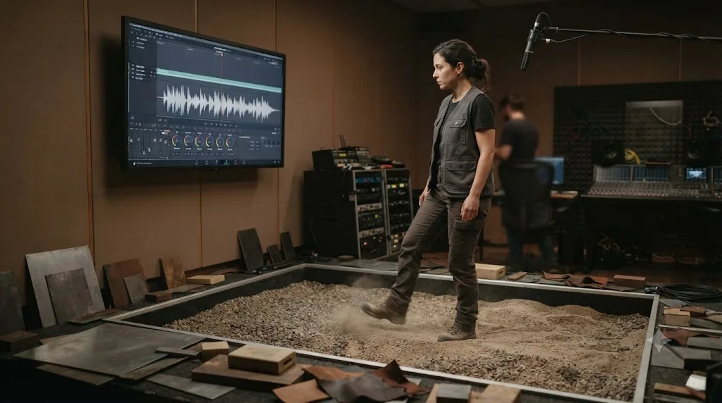 Illustration of a foley artist performing footsteps over a textured surface while watching a DaVinci Resolve Fairlight waveform on a monitor