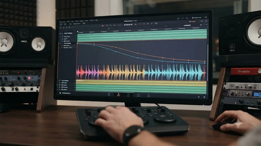 Illustration of DaVinci Resolve Fairlight fader and pitch automation curves layered above a footstep walk-cycle waveform