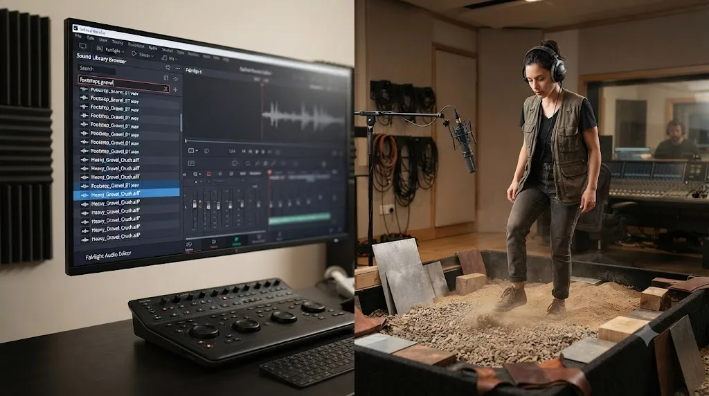 Illustration comparing the DaVinci Resolve Fairlight Sound Library Browser search panel against a live foley recording session