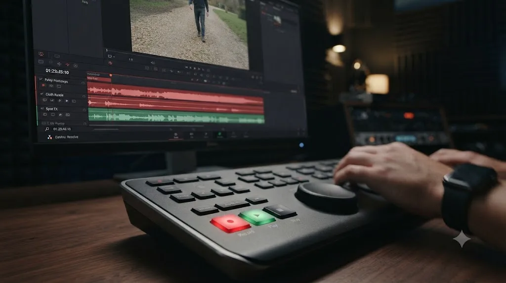 Illustration of the DaVinci Resolve Fairlight transport bar recording while a monitor shows synced video playback in the background