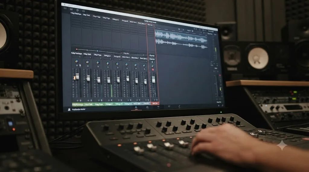 Illustration of the DaVinci Resolve Fairlight mixer showing foley, dialogue, and music tracks routed through a shared foley bus fader