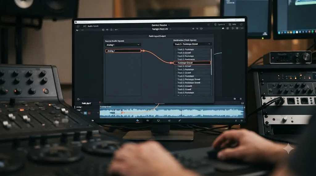 Illustration of the DaVinci Resolve Fairlight Patch Input/Output panel connecting a microphone to a mono track labeled for gravel footsteps