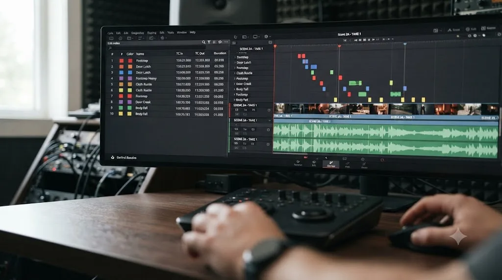 Illustration of a DaVinci Resolve Edit Index showing a filtered list of colored foley cue markers with notes
