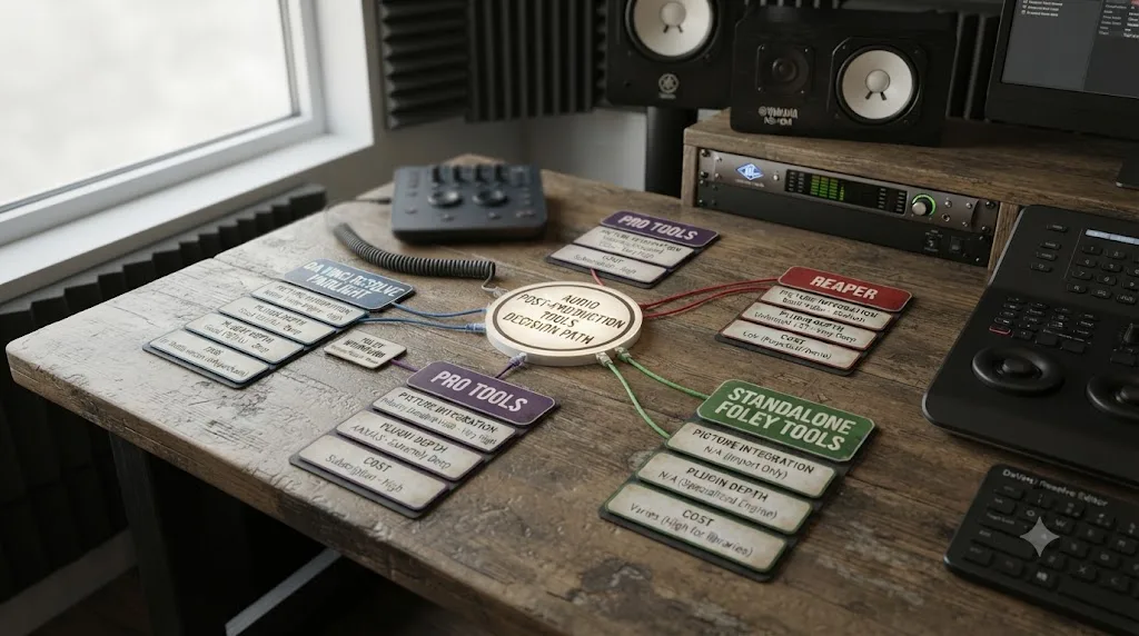 Illustration of a decision chart comparing DaVinci Resolve Fairlight, Pro Tools, Reaper, and standalone foley tools