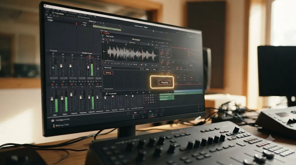 Illustration of an assistant overlay drawing a highlighted box around the DaVinci Resolve Foley Sampler's Mapping button