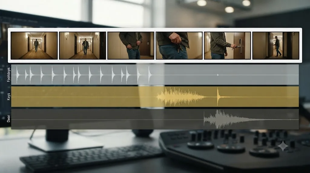 Illustration of a storyboard sequence of a hallway walk and door entry with synced foley waveforms for footsteps, keys, and a door beneath each frame