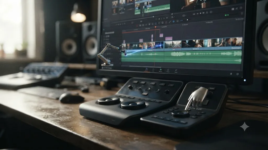 Illustration contrasting an AI editing agent actively cutting a DaVinci Resolve timeline with a separate assistant icon that only points at a control