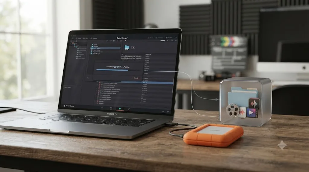 Illustration of a DaVinci Resolve project folder and its media files being bundled together into a single portable archive