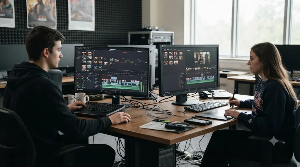 Illustration of two students working simultaneously on separate DaVinci Resolve bins within the same shared collaboration project