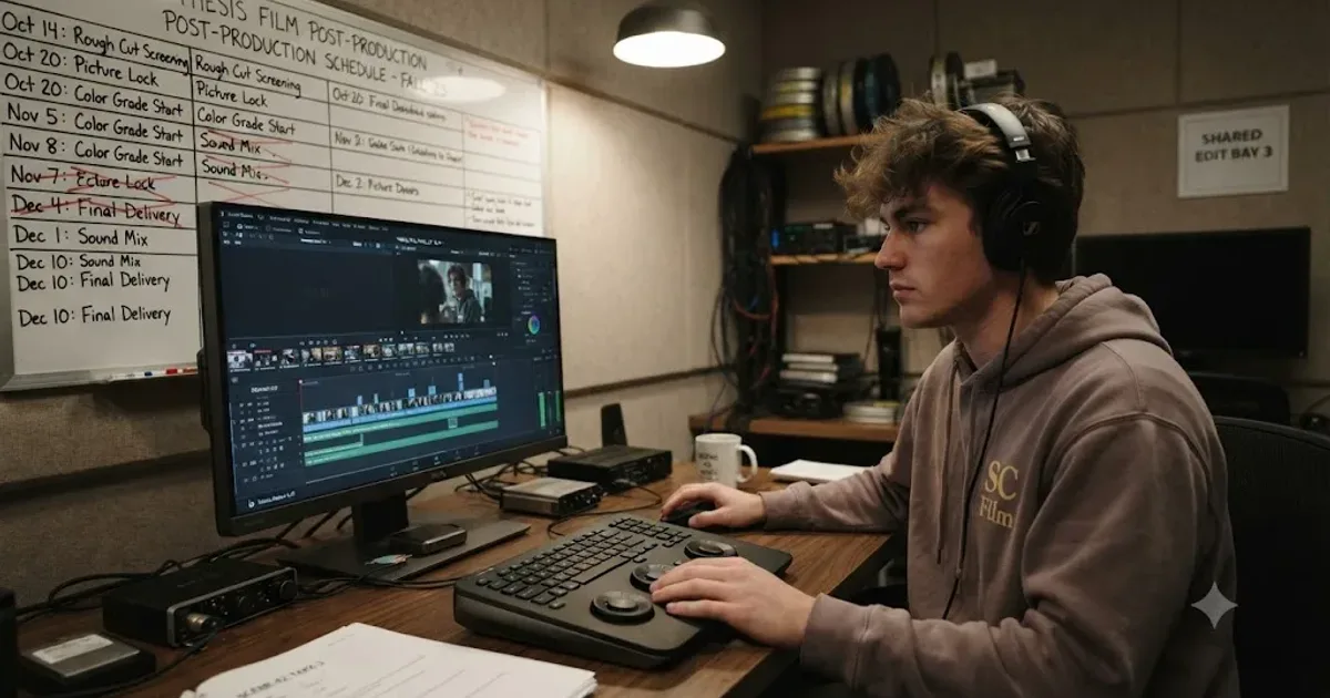 Illustration of a college film student editing a thesis film timeline in DaVinci Resolve inside a shared campus edit bay