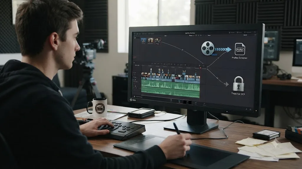 Illustration of a finished DaVinci Resolve timeline branching into a ProRes screener export path and a theatrical DCP export path