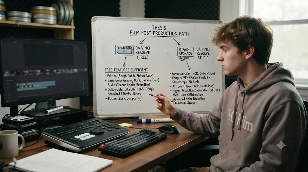 Illustration of a decision fork between DaVinci Resolve's free download and the paid Studio upgrade, with a checklist of thesis-film requirements on each path