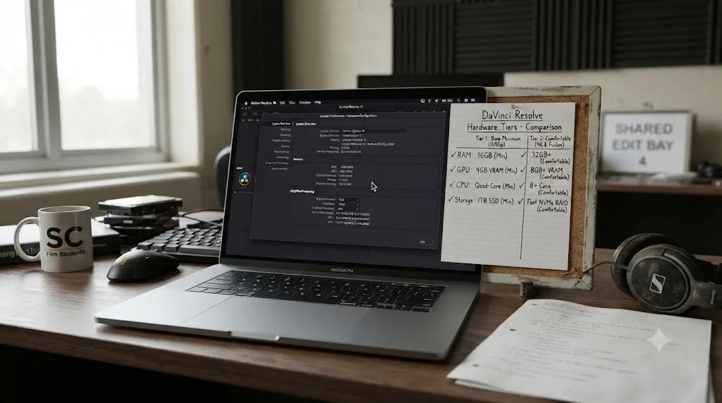 Illustration of a laptop showing a system specifications panel next to a checklist of hardware tiers for running DaVinci Resolve