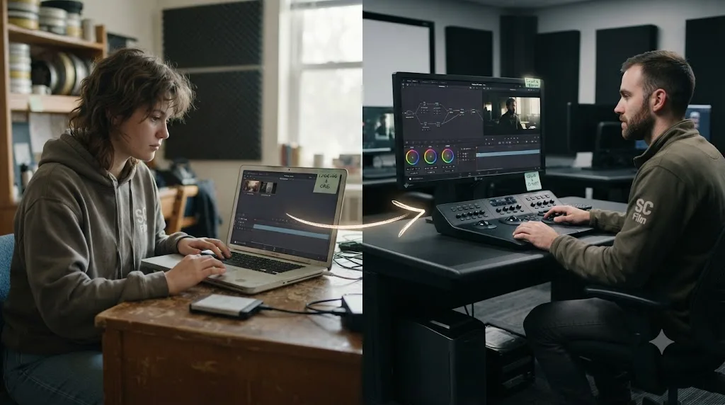 Illustration of a split workflow with a student organizing footage on a low-powered laptop and finishing color and export on a lab workstation