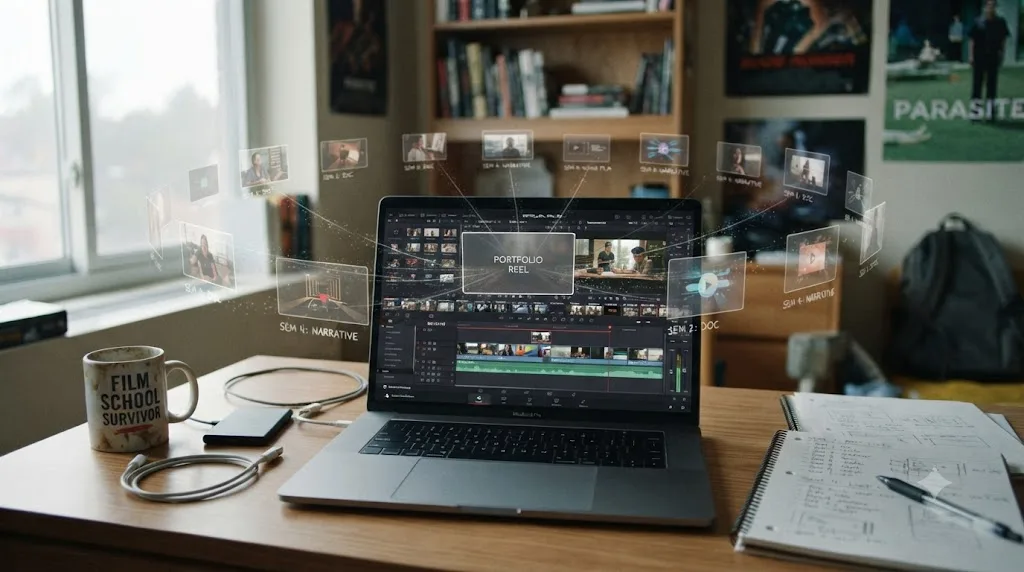 Illustration of a student's desk with a DaVinci Resolve timeline surrounded by thumbnails representing multiple semesters of class projects feeding into one portfolio